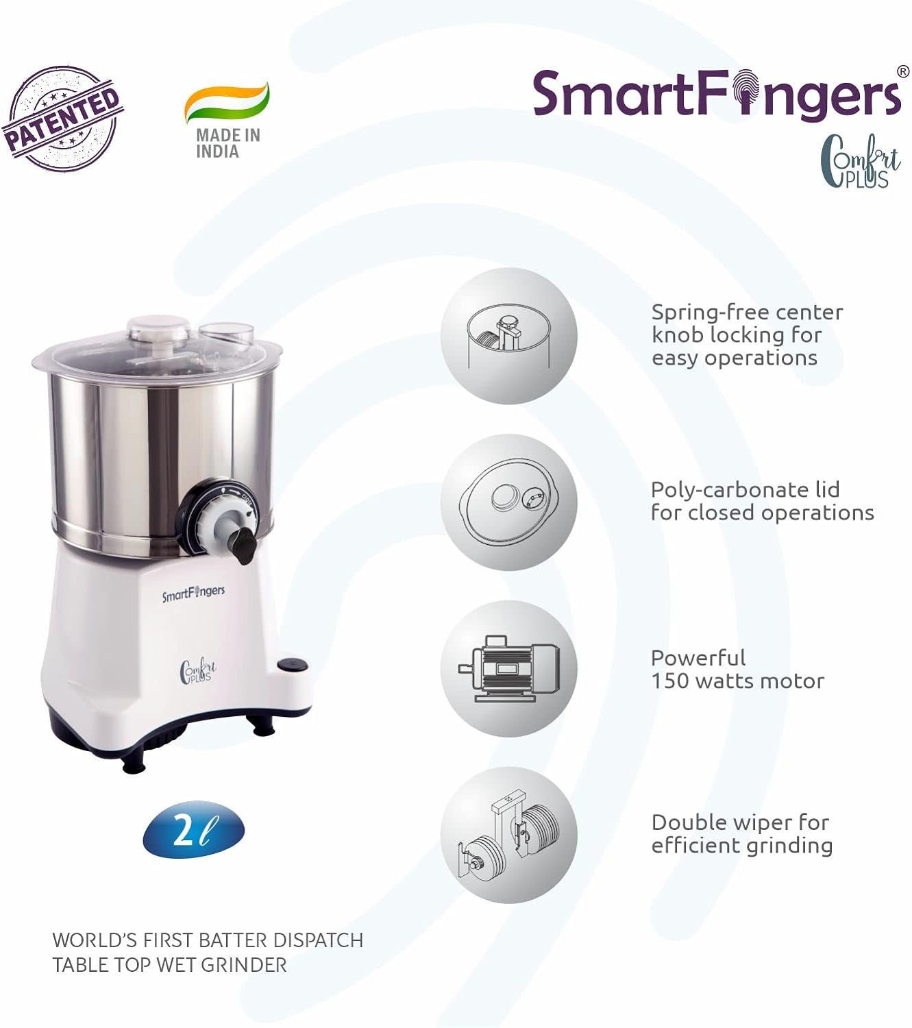SmartFingers Comfort Plus Table Top Magic Wet Grinder 230V 50hz, 2 L + Atta kneader Attachment
