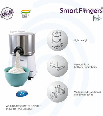 SmartFingers Comfort Plus Table Top Magic Wet Grinder 230V 50hz, 2 L + Atta kneader Attachment