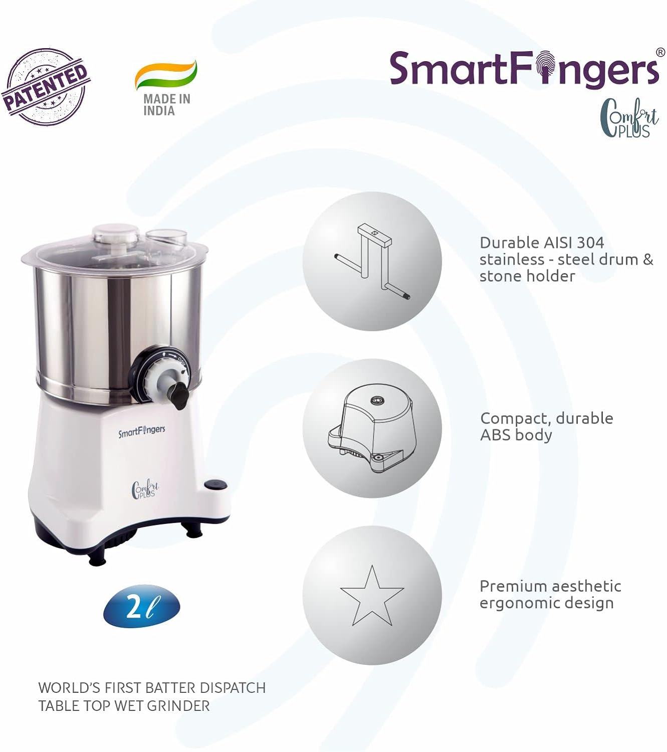 SmartFingers Comfort Plus Table Top Magic Wet Grinder 230V 50hz, 2 L + Atta kneader Attachment