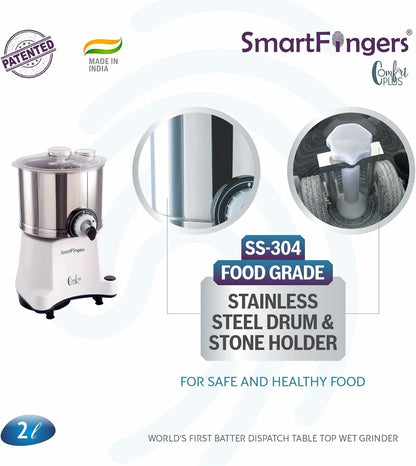 SmartFingers Comfort Plus Table Top Magic Wet Grinder 230V 50hz, 2 L + Atta kneader Attachment