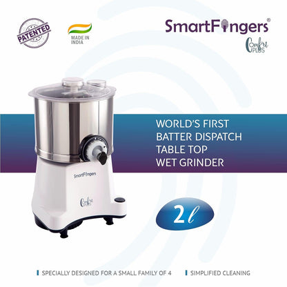 SmartFingers Comfort Plus Table Top Magic Wet Grinder 230V 50hz, 2 L + Atta kneader Attachment