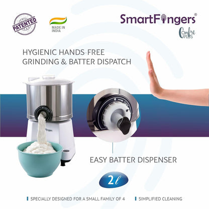 SmartFingers Comfort Plus Table Top Magic Wet Grinder 230V 50hz, 2 L + Atta kneader Attachment