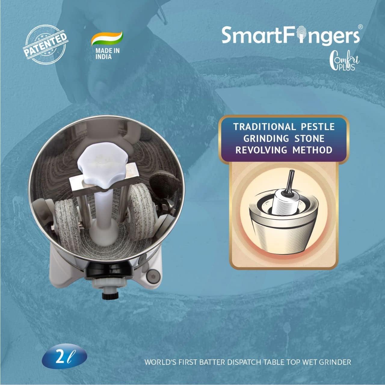 SmartFingers Comfort Plus Table Top Magic Wet Grinder 230V 50hz, 2 L + Atta kneader Attachment